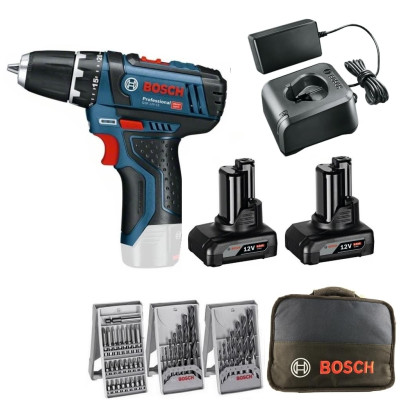 Bosch GSR 12V-15 (0615990HV1) batteridrevet boresæt, 12 V, 2 x 4 Ah, oplader, tilbehør + taske