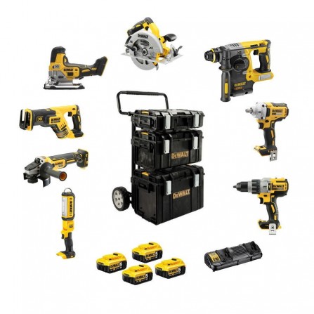 Dewalt trådløst værktøjssæt (DCK856P4-QW) 18V 4 x 5Ah dobbelt oplader 3 etuier + vogn