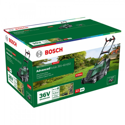 Bosch AdvancedRotak 36V-40-650 batteridrevet plæneklipper med to batterier